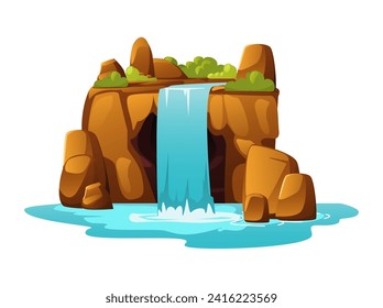 Waterfall vector illustration. Cartoon summer scenery with water falling down from mountain rocks in the river, cliff with green bushes. Wild canyon nature, tropical flora isolated on white