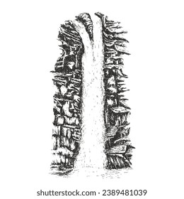 Ilustración vectorial de cascada en estilo de esbozo dibujado a mano. Composición artística vintage naturaleza al aire libre. 