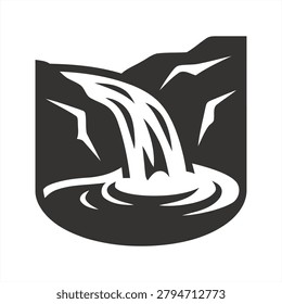 Waterfall Vector Illustration Icon - Stylized Black and White Nature Graphic