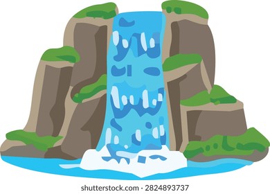 Waterfall vector illustration over rocky mountain cliff and blue water pool isolated on white background