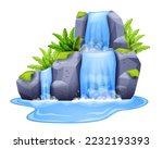 Waterfall vector illustration, tropical jungle water cascade, cartoon game nature river fall clipart. Grey stone cliff, small summer lake splash, green exotic foliage, rocks. Paradise waterfall 