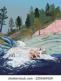 Waterfall Vector Map River Tree Car Stone