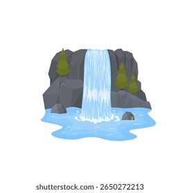 Waterfall vector set. Cartoon stream and cascading water over rocks with tropical island background. Isolated landscape illustration with river, cliff, jungle and fresh blue flow in natural wild scene