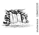 Waterfall vector sketch, cascade waterfall in the rocks hand-drawn vector illustration, landscape with a waterfall, black and white vector sketch isolated on white background for your design