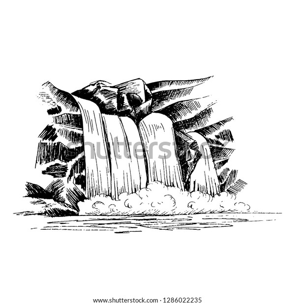 滝のベクター画像スケッチ 岩の中に滝をカスケード描きのベクターイラスト 滝の風景 白い背景に白黒のベクター画像スケッチをデザイン用に作成 のベクター画像素材 ロイヤリティフリー