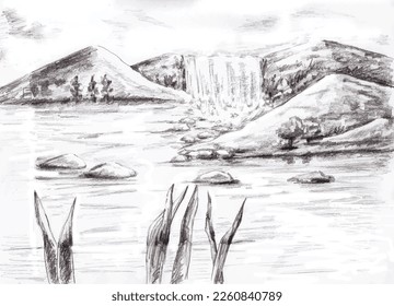 Waterfall vector sketch. Waterfall in the rocks hand-drawn vector illustration. Landscape with a waterfall. Pencil Drawing of Nature.