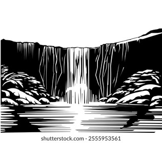 Waterfall from the wall. Water and stream. Beautiful landscape. river falls from rocks. Stone and mountains. Image of black silhouette isolated on white background. Vector