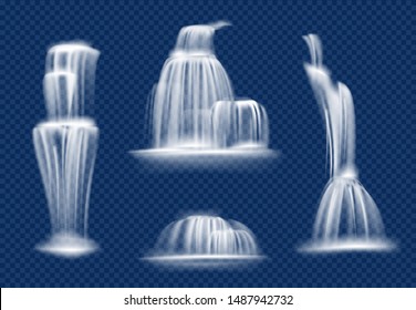 Waterfall. Water cascade flowing with splashes and drops fast transparent natural vector realistic waterfall