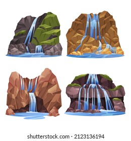 Waterfall, water cascade or mountain river fall