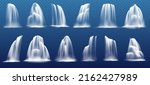 Waterfall, water cascade realistic falling splashes of fountain pour. Waterfall or sprinkle vector flow from mountain river with pouring splatters of aqua drips on transparent background