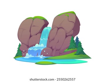 Cascada y cascada de agua de río en roca de montaña, elemento de escenario de naturaleza de Vector de dibujos animados. Corriente de agua y lago en el bosque, cascada que cae entre rocas de montaña y que fluye en el bosque