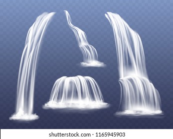 Waterfall or water cascade vector illustration. Isolated realistic set of flowing streams falling down from mountain rocks with splashes and spatters on transparent background