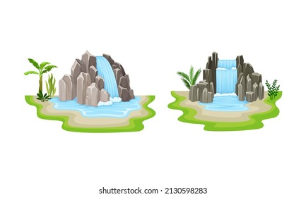 Waterfall with Water Flowing Over Vertical Steep Drop Vector Set