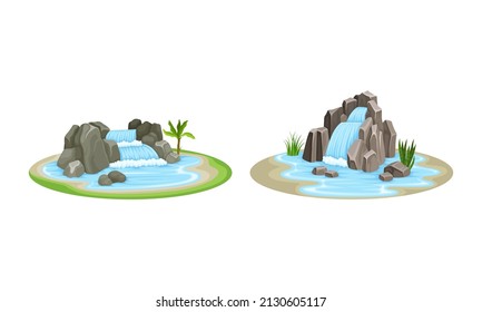 Waterfall with Water Flowing Over Vertical Steep Drop Vector Set