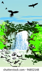 Waterfall whit the sky birds in the jungle