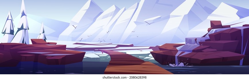 Waterfall at winter scenery landscape with rocks, fir trees and wooden bridge over water pond with broken ice floes. Stream fall from rocky cliff to lake and snowy mountains. Cartoon Vector background