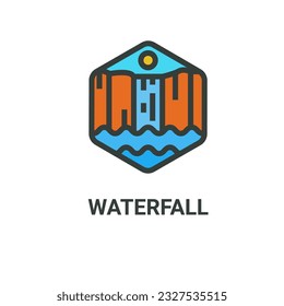 waterfall,cliff, lake and sun logo illustration 