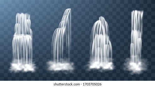 Waterfalls isolated on transparent background. Vector realistic river water fall with cascade, splash and fog. Set of liquid streams, flow of pure aqua, shower or rain