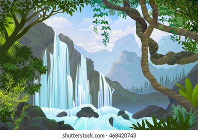 Waterfalls over a rocky cliff 