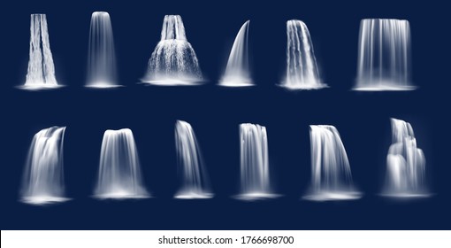 Waterfalls realistic vector of mountain river falls and cascades. Flowing streams and rapids falling in streambeds, dropping and sliding along cliff slope with cascade splashes and drops