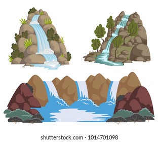 Waterfalls set. Cartoon landscapes with mountains and trees. Vector illustration