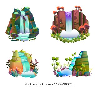 Waterfalls set. Cartoon landscapes with mountains and trees. Vector illustration 