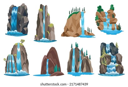 Waterfalls set. Cartoon landscapes with mountains and tree. River falls from cliff on white background. Picturesque tourist attraction with clear water