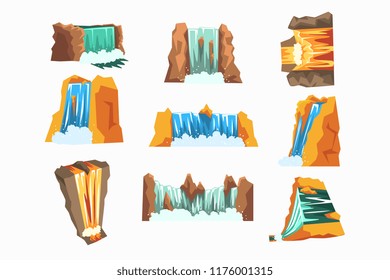 Waterfalls set, cascading streams of various shape cartoon vector Illustrations