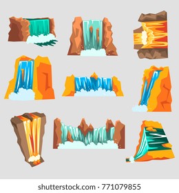 Waterfalls set, cascading streams of various shape cartoon vector Illustrations