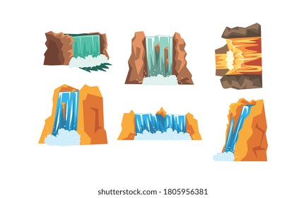 Waterfalls Set, Mountain Landscape Elements, Cascading Water Stream Cartoon Style Vector Illustration