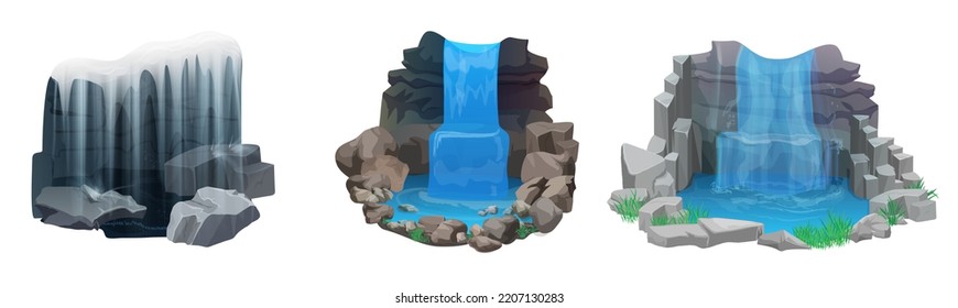 Waterfalls set vector illustration. Cartoon isolated cascades of mountain river or lake with natural water splashes, stream falling on rocks and stones with grass from hill, summer landscape scenes