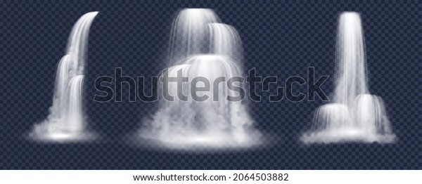 Waterfalls\
and water fall cascades realistic set of mountain river streams\
falling down with splashes, fog or mist and drops. Ledge, plunge\
and horsetail water falls. Vector\
illustration