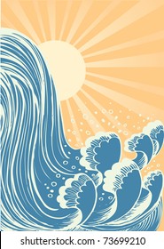 Waterfall.Vector blue water waves background with sun