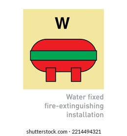 Instalación de extinción de incendios con fijación de agua - Señales internacionales de control de incendios y seguridad - extinción de incendios, instalación, sistemas de supresión,   Cilindro de almacenamiento.