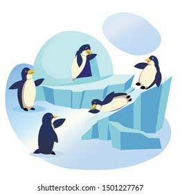 Waterfowl Aquatic Flightless Birds Wildlife in Animal Park, Zoo, Group of Funny Penguins Playing on Ice Floe with Icehouse, Skating from Snowy Slide, Lifestyle, Nature Cartoon Flat Vector Illustration