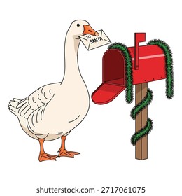 Carácter de aves acuáticas poniendo una nota en una caja de correos roja decorativa. Ganso enviando lista de deseos durante la estación fría. Entrega de correo estacional.