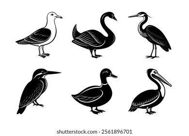 Waterfowl and Coastal Bird Silhouette Pack – Mallard Duck, Heron, Seagull, Kingfisher, Pelican  Swan