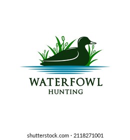 waterfowl hunting logo template with the shape of a duck over the water.