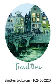 The waterfront of Amsterdam watercolor sketch in shades of green, postal card, postcard, illustration