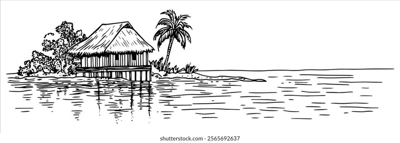 Waterfront cabin with palm tree reflection on calm tropical sea