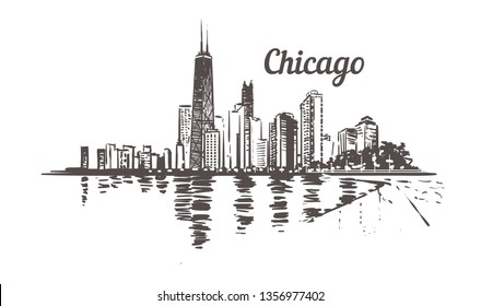 Waterfront Chicago drawn sketch. Chicago skyline isolated on white background