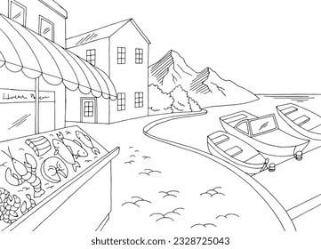 Waterfront fish market graphic black white bay landscape sketch illustration vector
