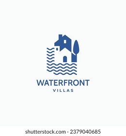 Waterfront home villa minimal logo design concept. Vector illustration isolated object on background