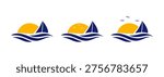 Waterfront logo with sailboat waves and sunset sun minimal modern coastal style set