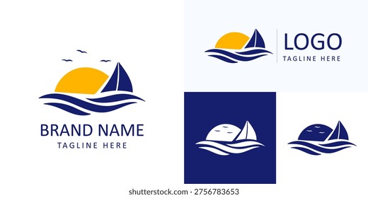 Waterfront logo with sailboat waves and sunset sun modern coastal branding set