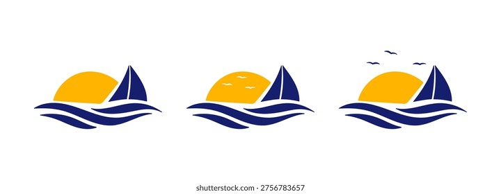 Waterfront logo with sailboat waves and sunset sun minimal modern coastal style set