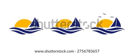 Waterfront logo with sailboat waves and sunset sun minimal modern coastal style set