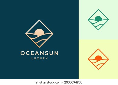 Waterfront or ocean logo in simple rhombus with water wave and sun shape