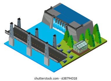 Watergate and bridge across the river illustration