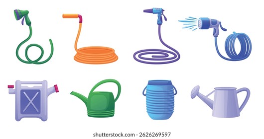 Watering accessories. Cartoon rubber hoses, water can and pot. Garden works tools, farm agriculture equipments for irrigation, nowaday vector set